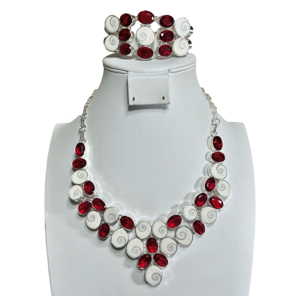 Shiva Shell Garnet 925 Large Gemstone Necklace & Bracelet Set